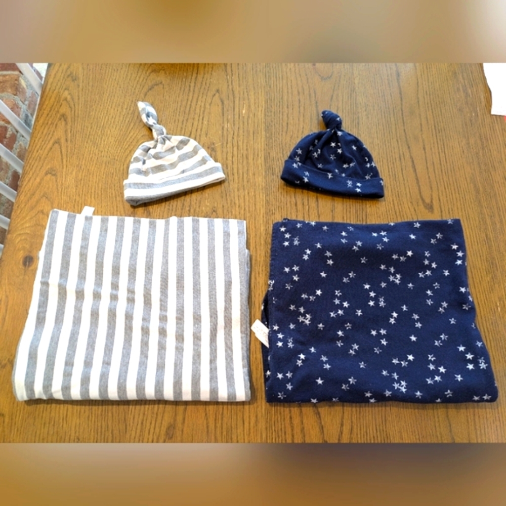 Motherhood Maternity -Set Of 2- Swaddles & Matching Hats, Sz. 0-3 Months